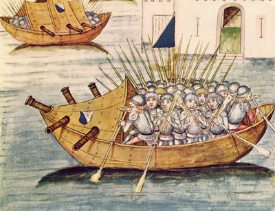 Soldiers armed with guns in a vessel with cannons, from the Berner Chronik, by Diebold Schilling the Elder by Swiss School